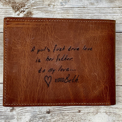 Leather Wallet Handwrite engraving available for all message, text, initials, handwriting, monograms and logos in gift package