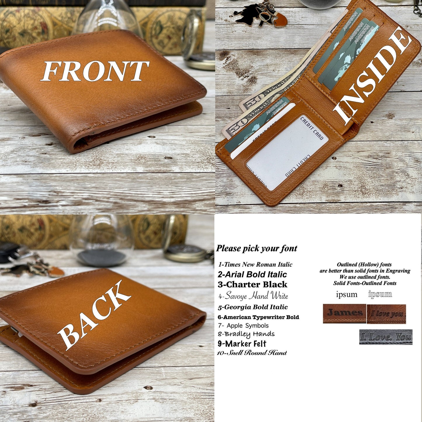 Leather Wallet Engrave All Message Text Initials Hand Writing Monograms Team College Car or Company Logos and Special Gift Package