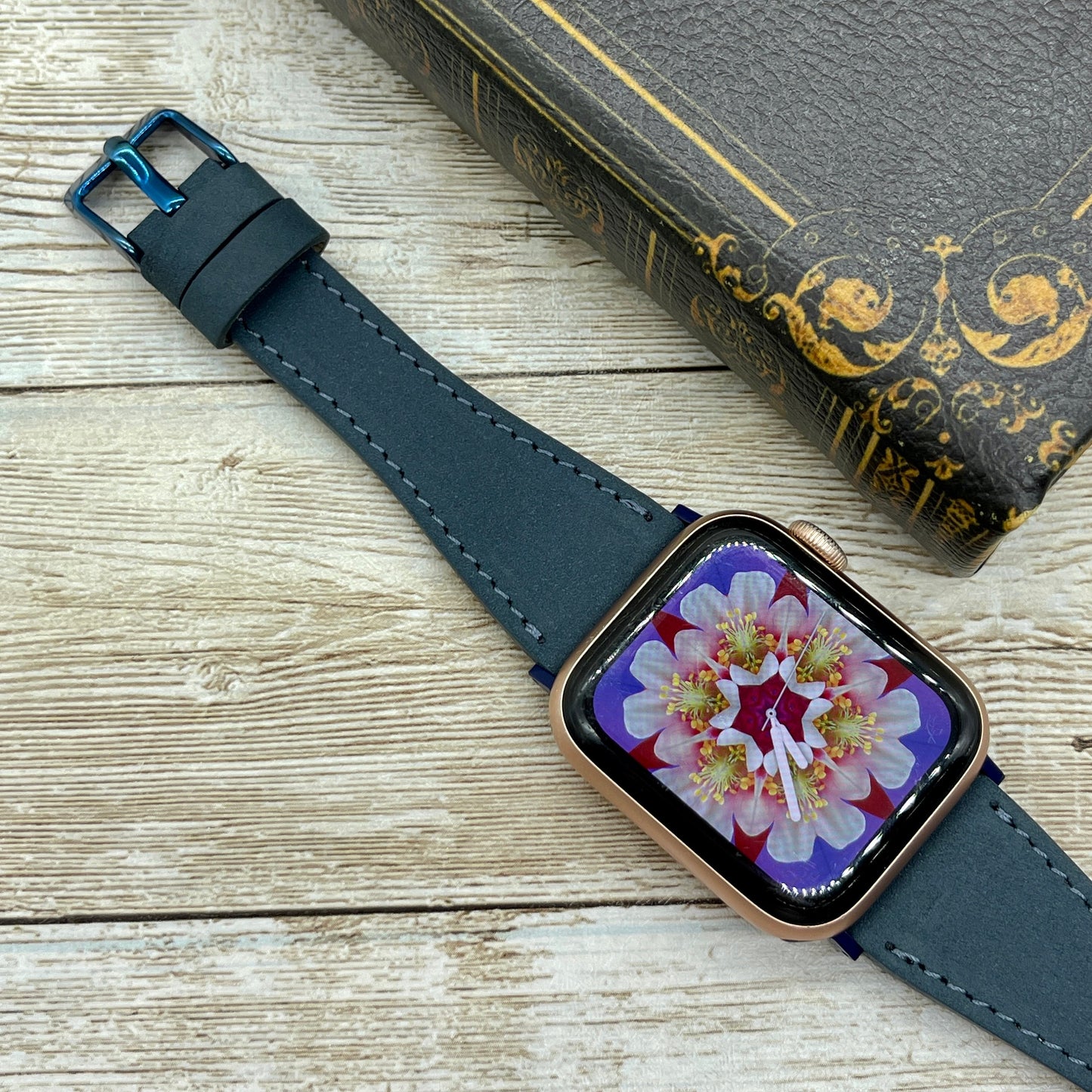 Navy Blue Slim Apple Watch Band, Brown Leather Apple Watch band, 42mm, 38mm, 40mm, 44mm for series 1-2-3-4-5-6-7&SE Free Laser Engraving,