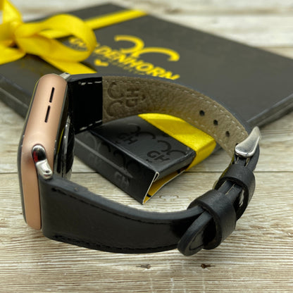 Genuine Black Leather Slim Apple Watch band, 42mm, 38mm, 40mm, 44mm for series 1-2-3-4-5-6-7&SE Free Laser Engraving, Black Slim Watch Band